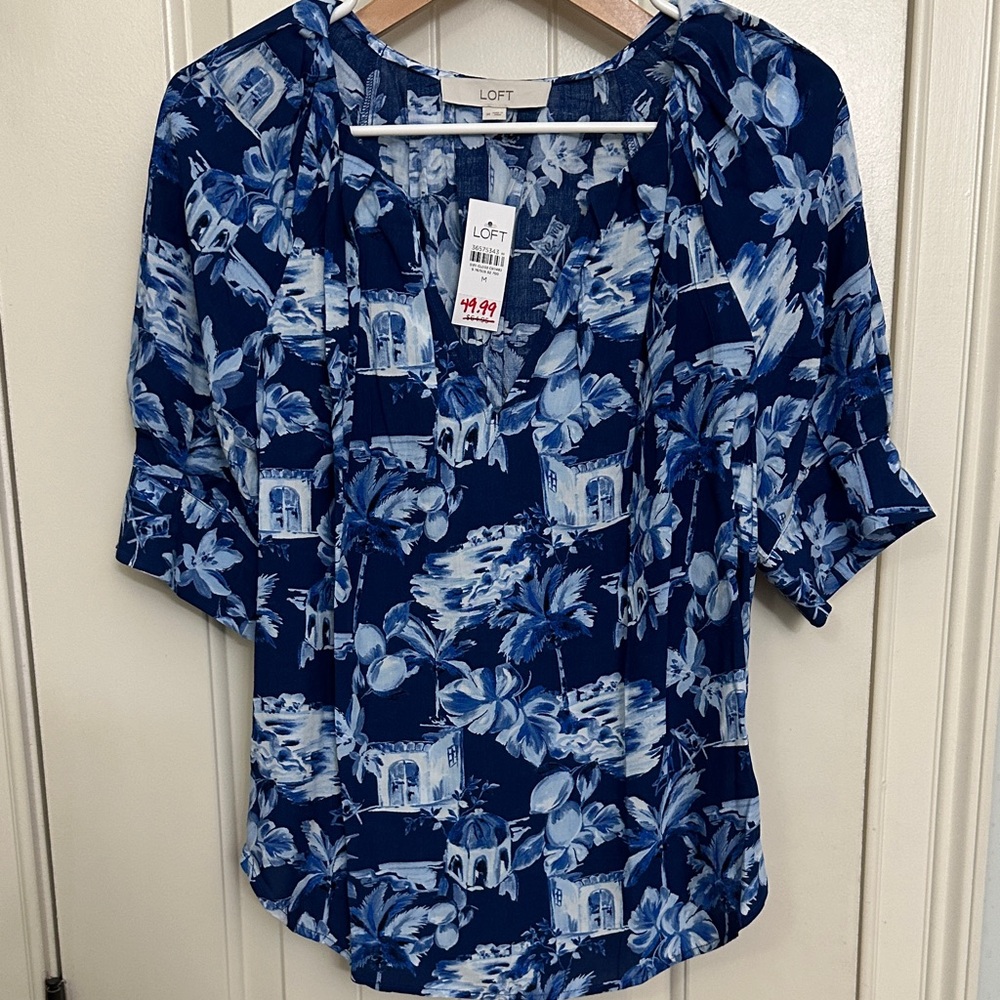 LOFT Navy and White Patterned Blouse